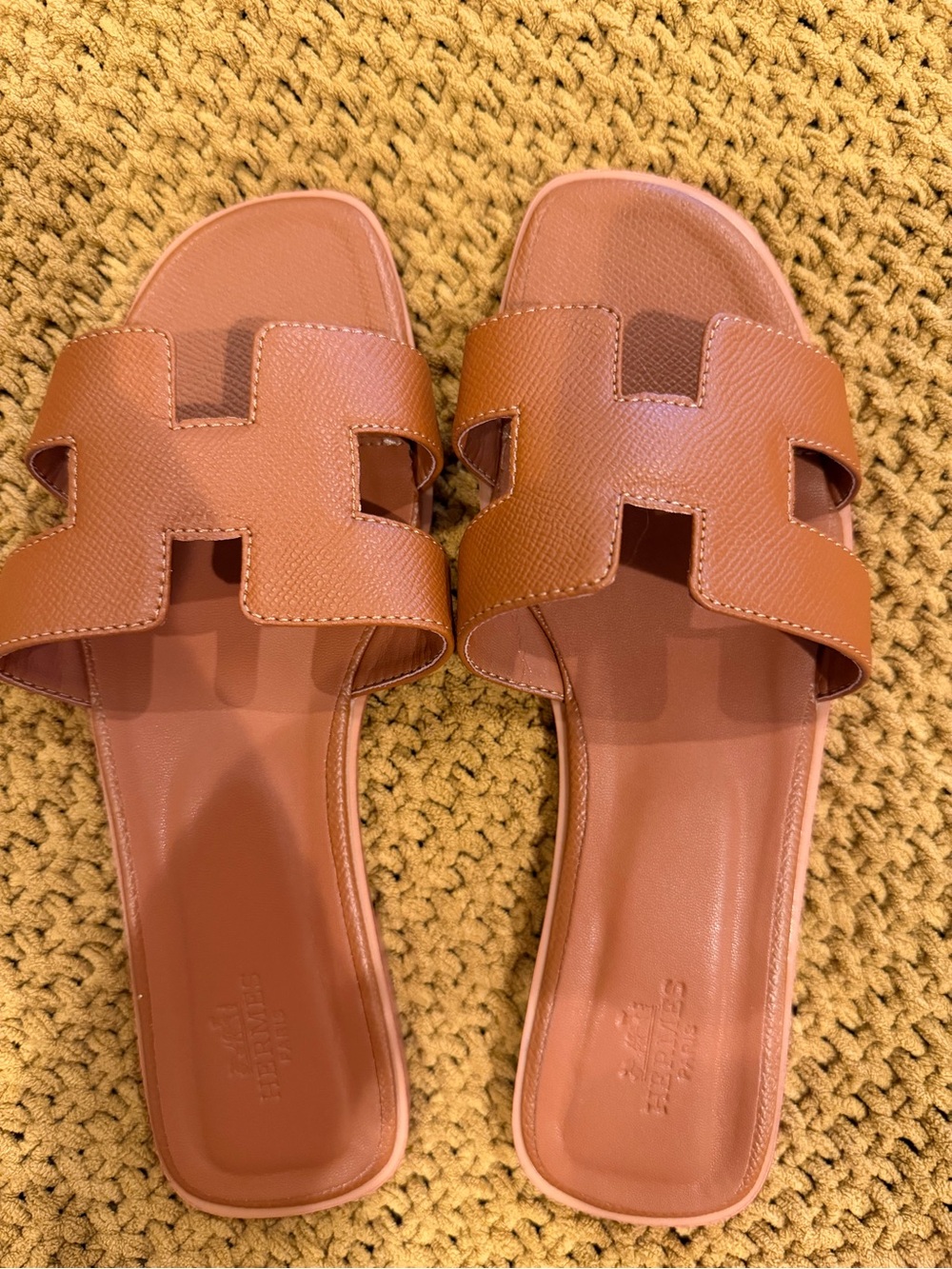 Hermes Tan Brown Leather Oran Slide Sandals
